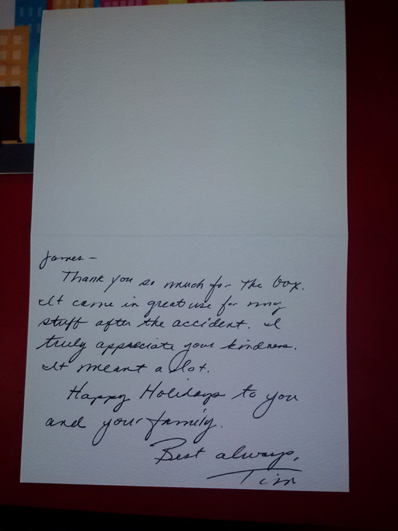 Thank you note to James for helping a customer